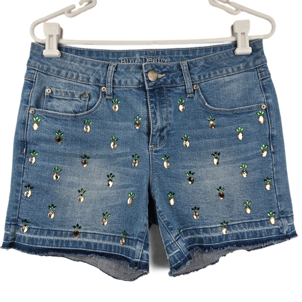 Y2K Blue Desire Pineapple Rhinestone Denim Shorts Medium Wash Frayed Hem Size 8